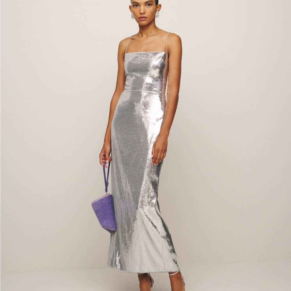 Reformation Frankie Dress in Silver Sequin, Size 6, NWT